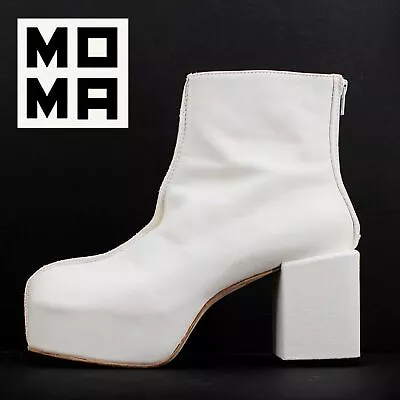 Moma White Leather Platform Boots Handmade Italy Back Zipper Center Seam 39/10 • $120