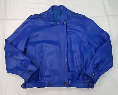 Womens Blue Genuine Leather Biker Jacket Size 12uk Medium Ladies Vintage Coat • $51.01