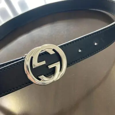 GUCCI GG Buckle Belt Genuine Leather Black Silver Size 90/36 Made In Italy Men • $221.25