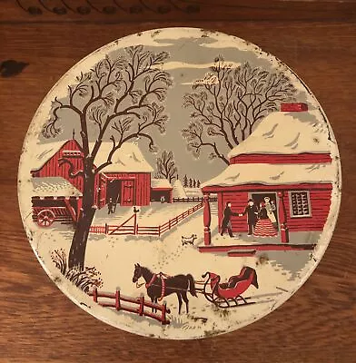 Vintage Christmas Cookie Fruitcake Round Tin Winter Scene Farmhouse Barn Sleigh • $20