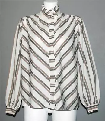 VTG Stockton Of Dallas Ruffle Neck Hidden Button Front Striped Blouse Wm's 38 • $28.99