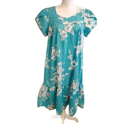 Vintage Royal Hawaiian Creations Teal Blue Green Hibiscus Floral Mumu Dress | S • $49.99
