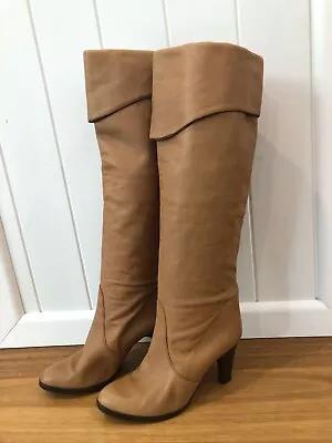 Vintage Genuine Leather Caramel Brown Knee Italy Boots European 37 UK 4 70s 80s • $50