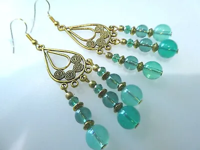 Vintage Style Aqua Shades Opalite Chandelier Long Drop Earrings Jewellery Gift • £9.49