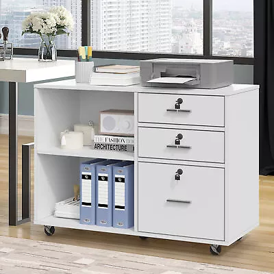 3-Drawer File Cabinet Wood Mobile Lateral Stand Office Filing Cabinet W/ Shelves • $95.49