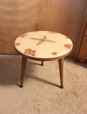 Vintage Retro 3 Legged Wood Side Table W Pink Flowers Ferns Resin Pour • $82.99