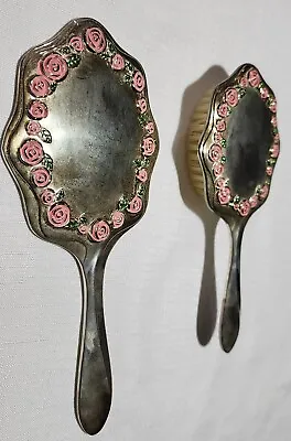 Vintage Godinger Mirror& Brush Set Silver Plated With Pink Rosesnever Polished  • $29.99