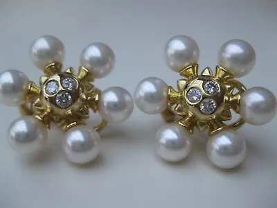 Mikimoto Pearls And Diamonds Flower Earrings In 18k Gold • $1500