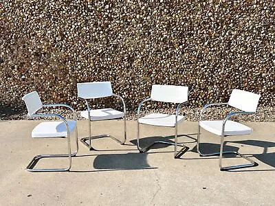 $2800 • Buy Set Of 4 Vintage Knoll White Leather & Chrome Cantilever Chairs
