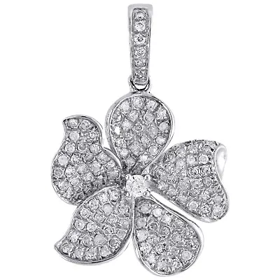 10K White Gold Real Round Diamond Fancy Oval Flower Petal Pendant Charm 0.65 CT. • $545