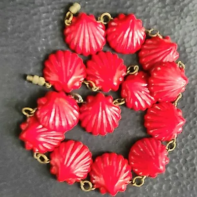 Antique Art Deco Molded Red Glass Seashell Choker Necklace • $119.99