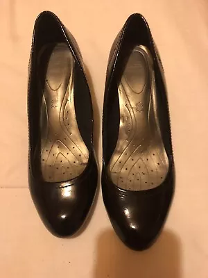M&S Footglove Black Patent Leather Heels Wide Fit Size 7 • £3.99