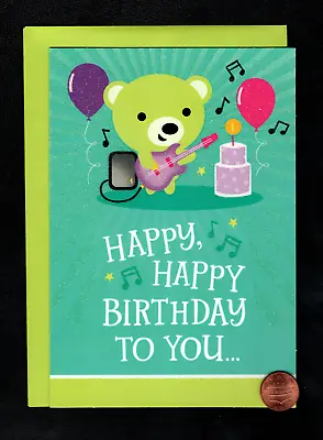 Birthday Bear Electric Guitar Cake Balloons Music Notes - Greeting Card W/ TRACK • $2.99