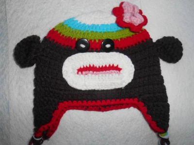 £8.76 • Buy Sock Monkey Beanie Handmade Crochet Earflaps Monkey Hat Button Eyes Flower Braid