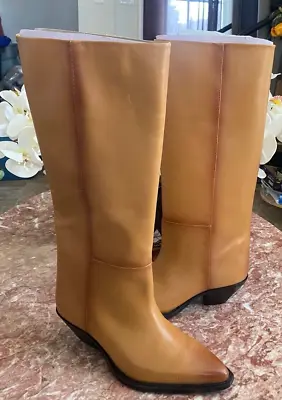 NWT Zara Women's Tan Leather Heeled  Knee High Cowboy Boots Sz 38/US 7.5-8 $189 • $142.49