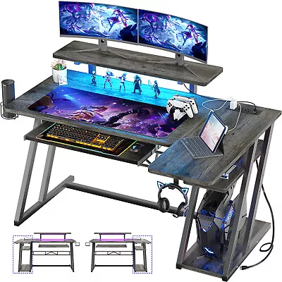 47'' L Shaped Gaming Desk Computer Table With Monitor Stand LED Lights ＆ Outlets • $129.99