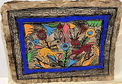 Vintage Mexican Folk Art Amate Bark Painting Bright Plants  Llama Type Animals • $29.45