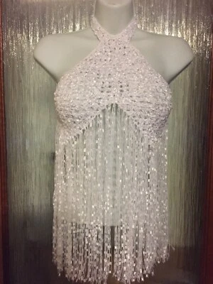 £10 • Buy ❤️Handmade White Crochet Halter Neck Fringe Crop Top. Size 6/8 Festival Bralet