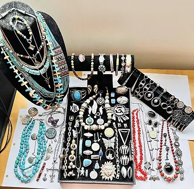 Vintage Native American Mexico Sterling Silver Turquoise Coral Jewelry Lot • $420