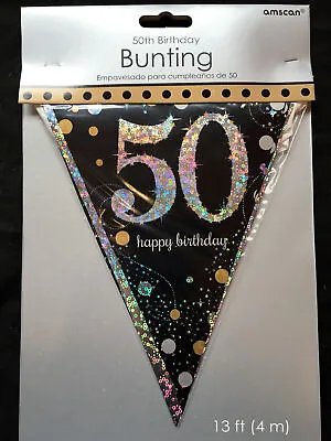 50th Birthday Party Banner Black Silver Gold Party Decorations Age 50 Bunting • £3.35