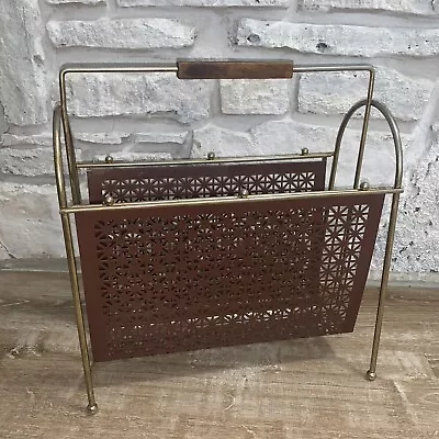 VTG Mid Century Modern Atomic Mesh Metal Magazine Rack Wood Handle 16.5” X 17” • $54.95