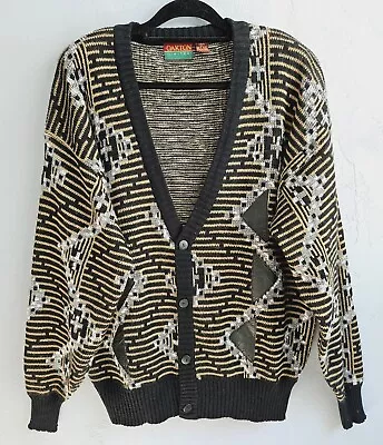 Vtg 90s Acrylic Grandpa Cardigan Sweater Biggie Cosby Black Tan Oakton Limited • $50.58