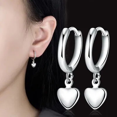 Shiny 925 Sterling Silver Dangle/Drop Love Heart Hoop Circle Huggie Earrings UK • £3.49