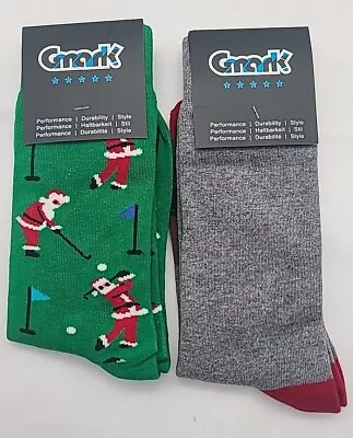 Gmark Holiday Christmas Socks Lot Of 2 Pairs Gray Reindeer + Green Santa Golfing • $10.50