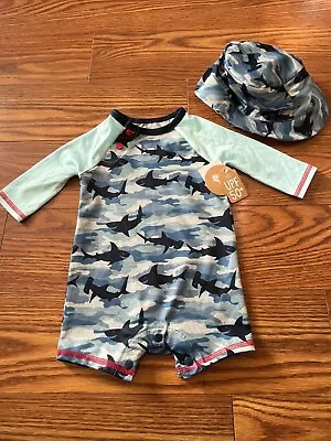 MUD PIE Blue Shark Camo Swim Rash Guard & Bucket Hat Set 6-9 Months • $9.99