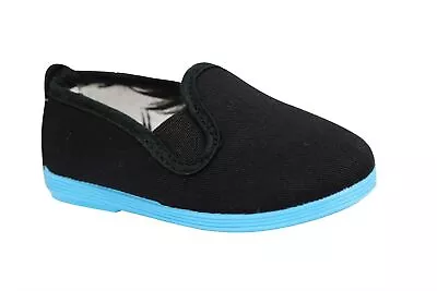 Flossy Style Luna Kids Espadrille Slip On Plimsolls Shoes 5577 Black Blue • £7.99