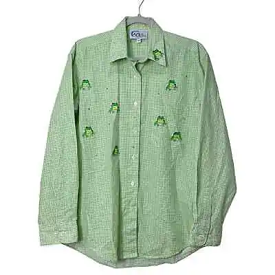 Las Olas | Women's Green Plaid Checkered Frog Appliqué Button Up Shirt | Sz M • $12
