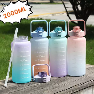 2L Water Bottle Straw Cup Motivational Drink Flask With Time Markings Sports Gym • $12.99