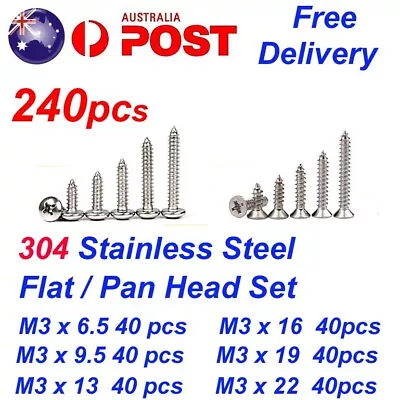 240pcs M3 304 Stainless Steel Pan Flat Head Self-Tapping Screws Assorted Kit Set • $9.99