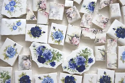 BLUE & PINK ROSES FLOWERS Ceramic Tiles 40+ Pieces For Mosaic And Crafting • $7.50