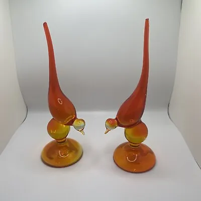 Vintage Viking Glass 7 3/4in  Long Tail Birds Persimmon Stunning Lot Of 2 • $98.64