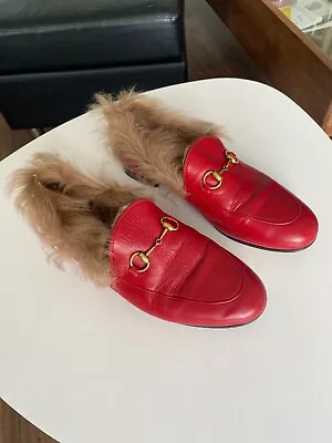 $475 • Buy Authentic Red Leather Gucci princetown Loafers With Fur Lining Women 39/9