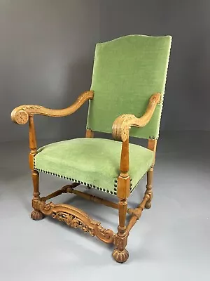 EB4649 Danish Early 20th Century Carved Oak And Green Velour Chair Antique VCAR • £225