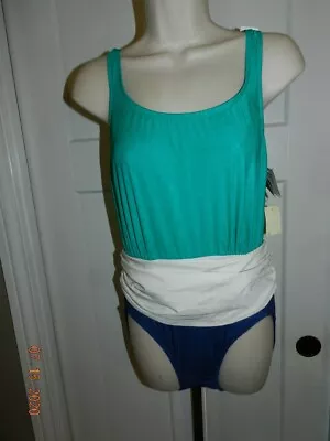 NWT Robby Len 90s VTG One Piece Swimsuit Sz 14 Green Navy White  • $49.99