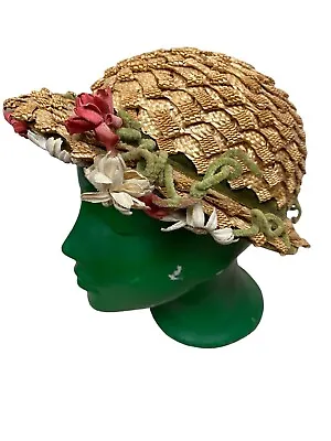 VTG Antique Woven Straw Millinery Hat Flowers Daisy Velvet Bow Woodmere Sz 22 • $98