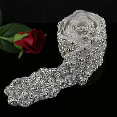 1 Yard Crystal Rhinestone Applique Hot Fix Iron On Wedding Dress Accessories • $18.04