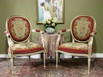 Pair French Louis Xvi Style Armchairs ~ Painted Finish Tapestry Upholstery • $1200