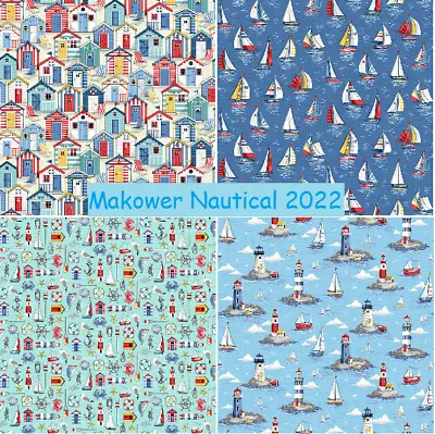 Makower Nautical 2022 FQ 1/2m Seaside Beach Huts Lighthouse Boats Yachts Crabs • £4.20