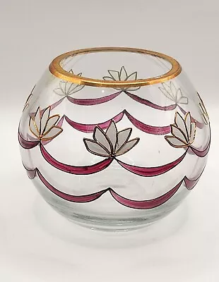 Crystal Clear Lotus Floral Bowl Gold Trim Romania Textured Painted Decorative • $24.99