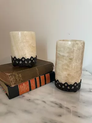 Natural Stone Onyx Marble Votive Tea Light Candle Holder Metal Base Set Of 2 • $36.95