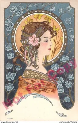 Antique Art Nouveau 1900 Postcard Woman Embossed Litho Alphonse Mucha • $129