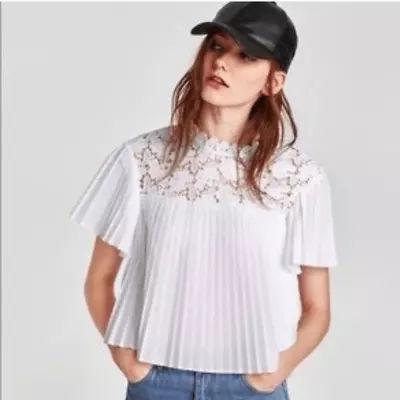 Zara Lace Pleated Baby Doll Cropped White Short Sleeve Top • £28.95