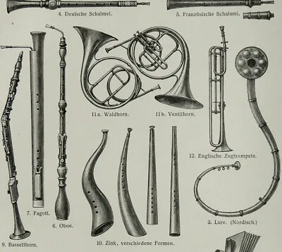 1897 Antique Print Of ANCIENT MUSICAL INSTRUMENTS. Music. 123 Years Old Print. • $10