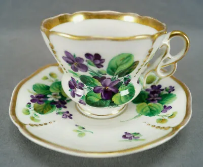 Carl Tielsch Hand Painted Purple Violets & Gold Tea Cup & Saucer C. 1850-1860 D • $150