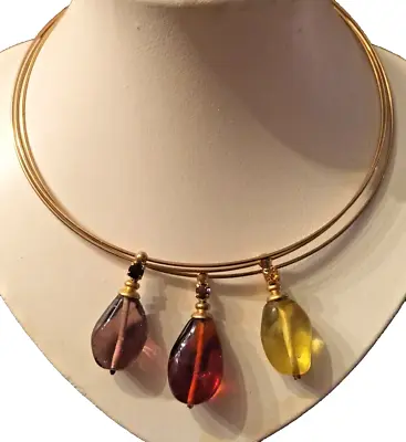 Gold Tone Memory Wire Self-Close Drop Choker 3 Colour Choice Purple/Amber/Yellow • £6.99