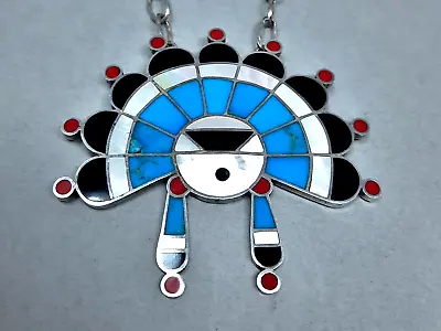 Zuni Kachina Sun Face Sterling Silver  Turquoise Coral Jet  Inlay Necklace • $144.50